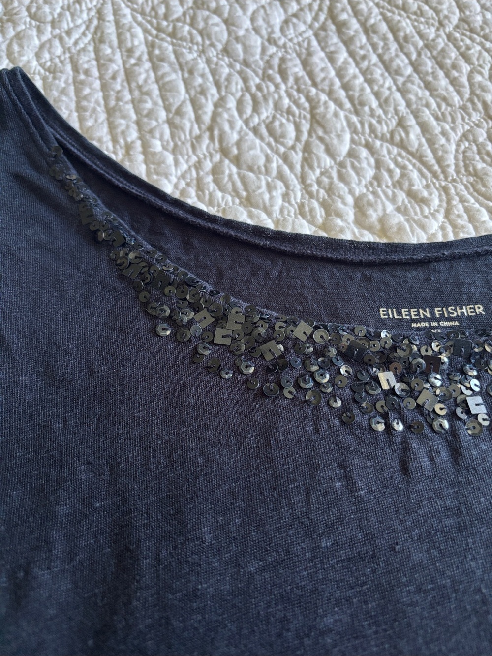 Eileen Fisher Navy Linen Embellished Scoop Neck Tank Top Sequins Size XL - Picture 4 of 11